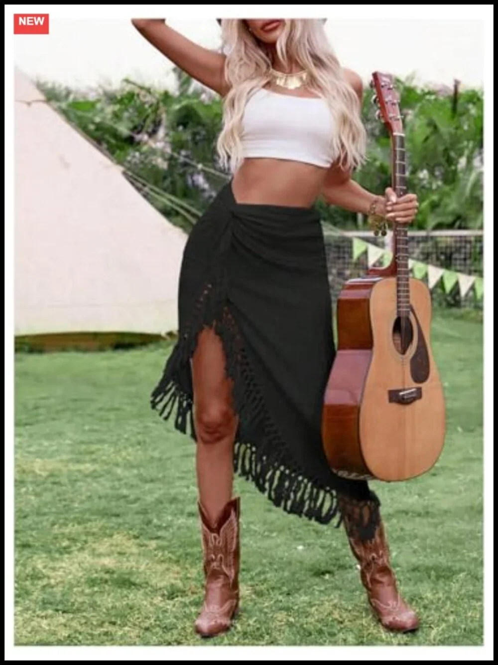Twist Front Slit Boho Fringe Tassel Midi Skirt